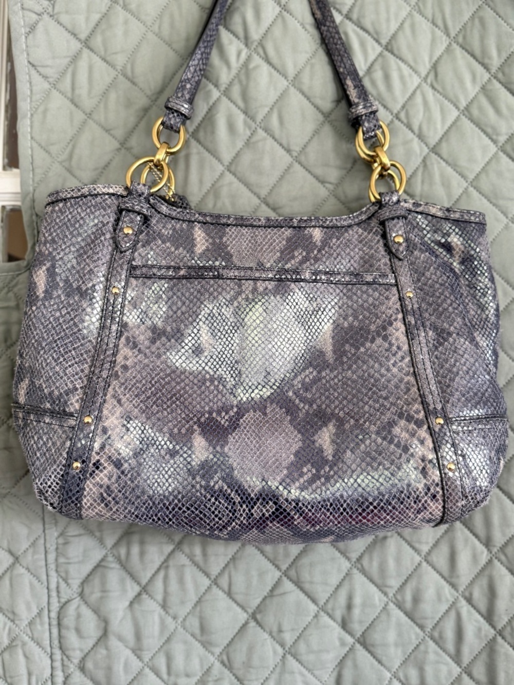 Coach Alexandra Python-Embossed Blue/Gray Shoulder Bag with Gold Hardware. EUC. - Picture 3 of 10